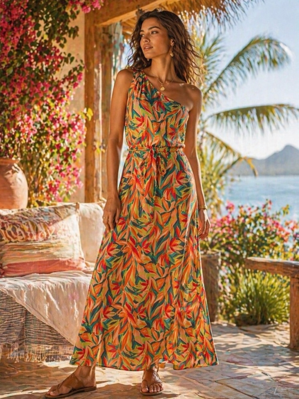 Nicole Miller Multicolor Tropical-Print One-Shoulder Maxi Dress